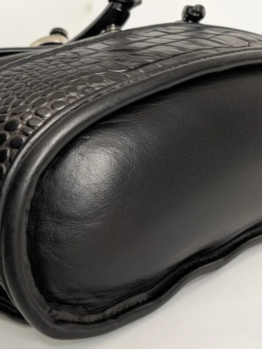 BRIGHTON Monica Vintage Croc Embossed Leather Drawstring Bucket Backpack BLK BRN